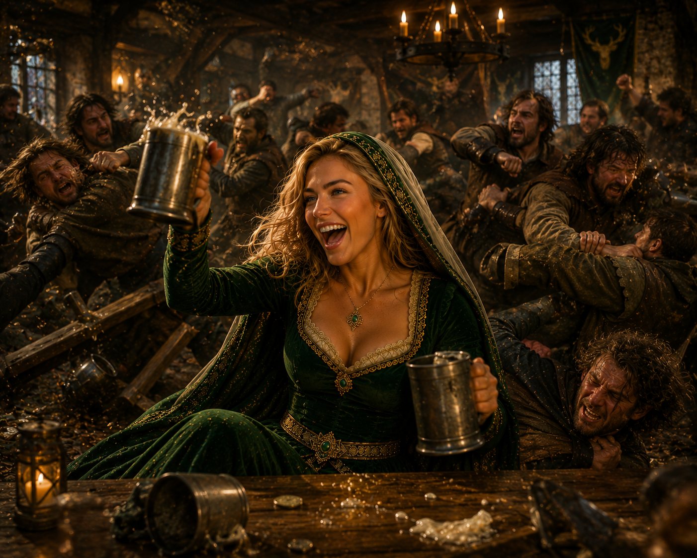 Marian raising a mug in a tavern brawl surrounded by the Merry Men