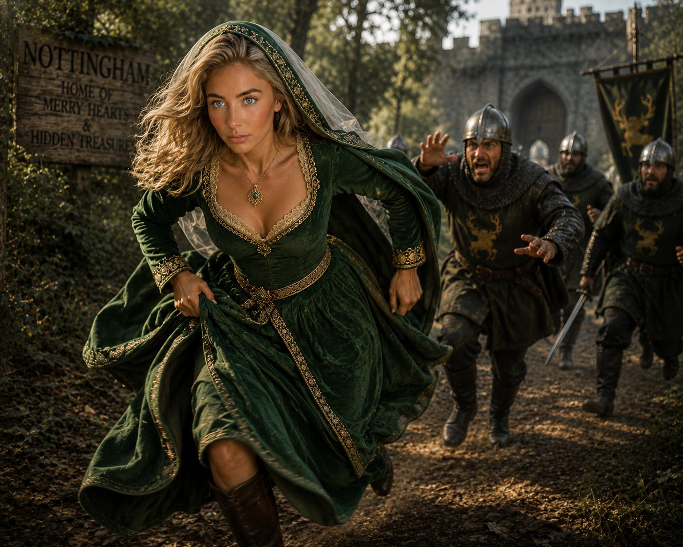 Marian sprinting away from Nottingham's soldiers while Robin is nowhere in sight