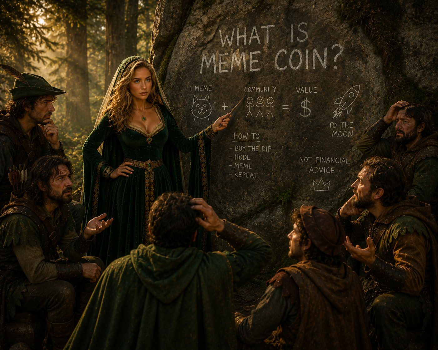 Marian teaching the Merry Men what a meme coin is on a stone tablet reading 1 meme plus community equals value, HODL, buy the dip, not financial advice